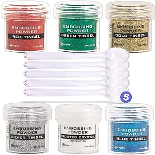 Ranger Metallic Embossing Powder Set, Embossing Powder Spoons, Red Tinsel, Green Tinsel, Gold Tinsel, Silver Tinsel, Frosted Crystal and Blue Tinsel