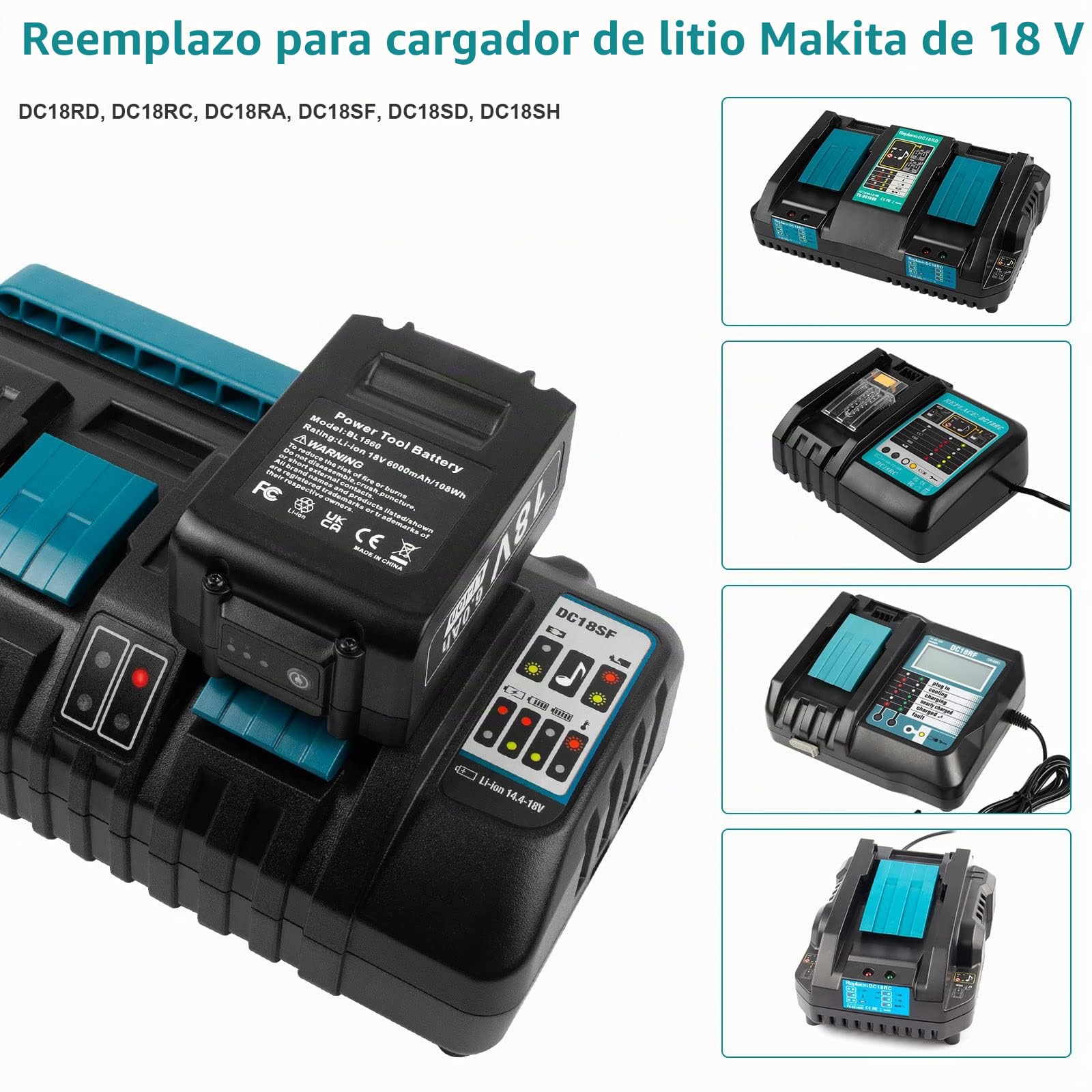 DC18SF 14,4V-18V Cargador para Makita Batería ASUNCELL 3A 4 Puertos Cargador de Repuesto para Makita LXT DC18RD DC18RC Li-ion Cargador Rápido BL1415 BL1430 (enchufe europeo 110-230 V)