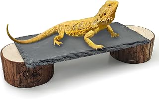 Bearded Dragon Basking Platform,8×4×1.6inch Reptile Heat Storage Slate Stone with Wooden Pile,Gecko Heating Rocks and Hide Cave,Reptile Basking Rocks for Lizards,Snakes,Chameleon,Turtle