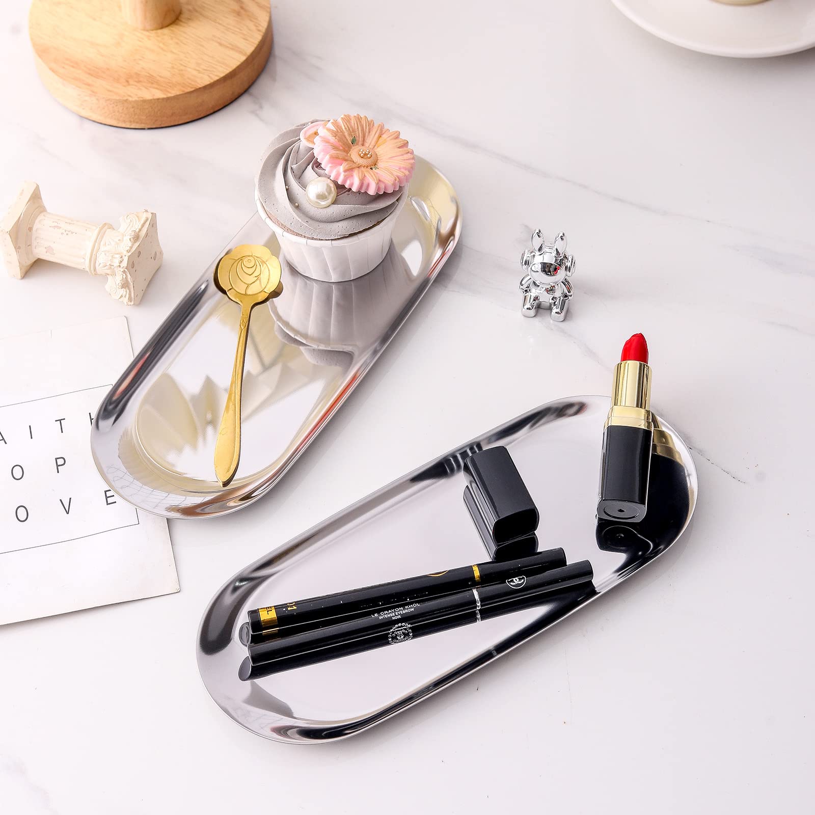 Vanity Tray 𝟮 𝗽𝗰𝘀 *𝟵" Perfume Tray Candle Tray Key Tray Sliver Tray Stainless Steel Towel Tray Storage Tray Dish Plate Tea Tray Cosmetics Jewelry Organizer, Sliver, Oval Set of 2