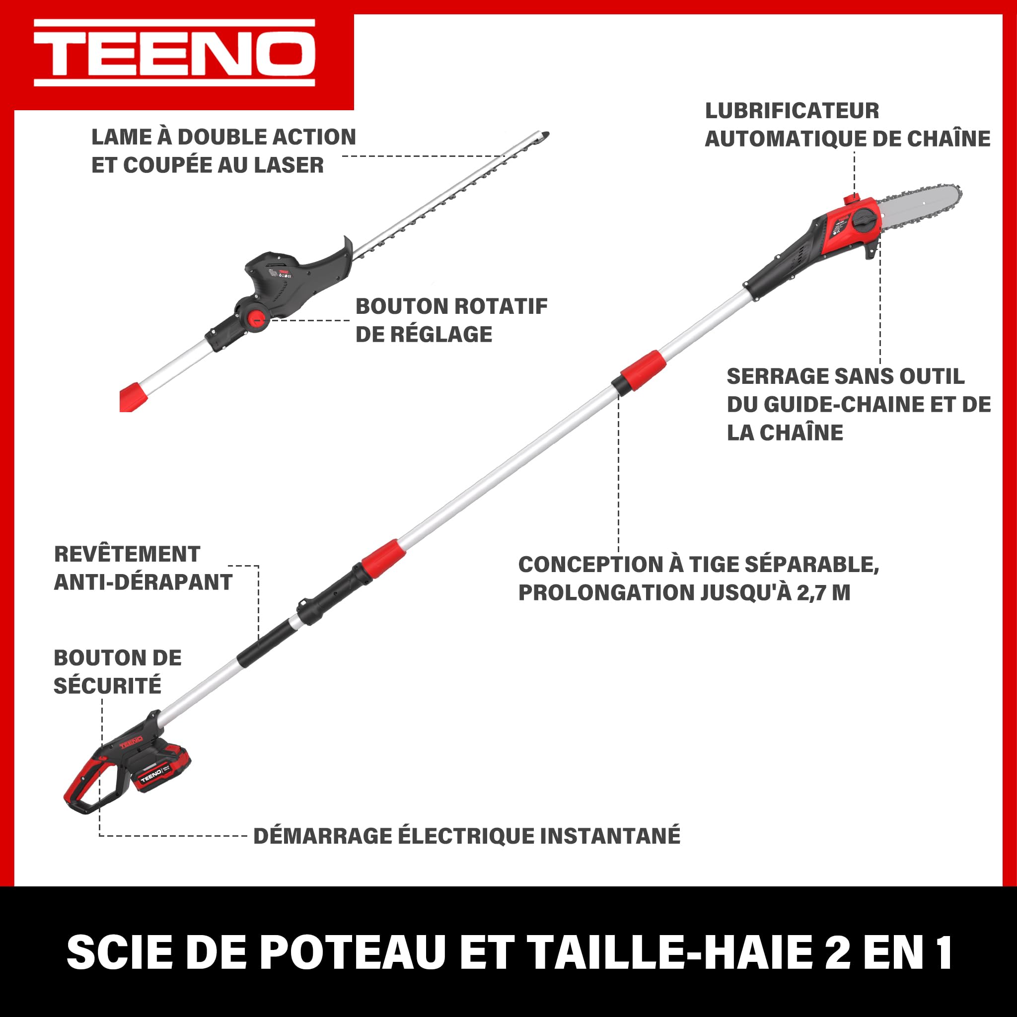 2-en-1 Élagueur sur Perche et Taille Haie Télescopique sans Fil, Batterie Li-ION 20 V 4000mAh,Poignée Principale Orientable,Tête Inclinable,Moteur sans balais de 42 cm, Bandoulière Incluse-TEENO