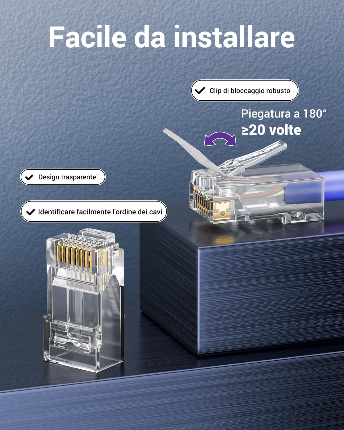 VCE Connettori RJ45 CAT6 Passanti, 25 Pezzi, Plug RJ45 3µ Placcati in Oro, Compatibili CAT6/CAT5E/CAT5, Alta Velocità 1 Gbps