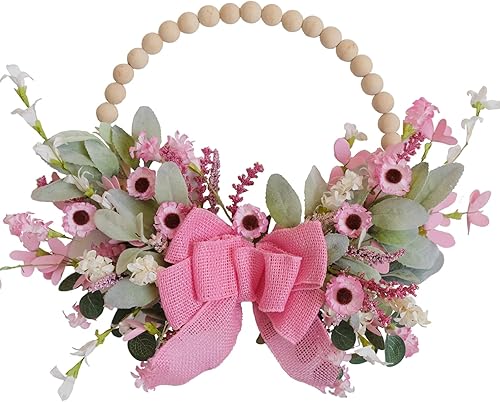 Miniatura 1 de TEMPUS Corona de puerta con cuentas de madera de primavera de 16 pulgadas, margarita rosa, corona de lazo de arpillera, día de San Valentín,