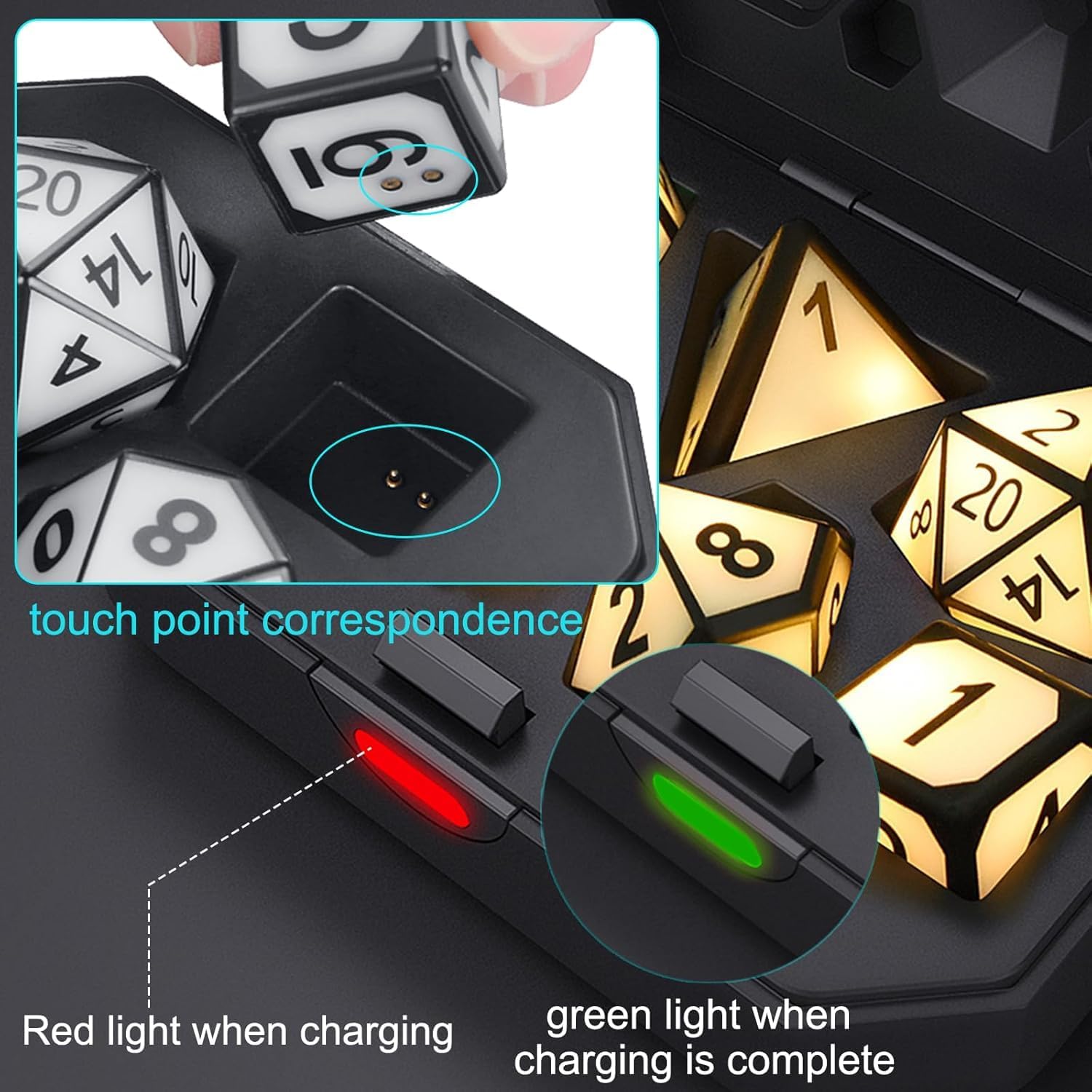 7 PCS Light Up DND Dice Set,Glow in The Dark Dice with Rechargable Dice Storage Box, D4,D6,D8,D12,D20,2PCS D10 LED D&D Polyhedral Role Playing Dice for RPG Table Games LED DND Dice Set Warm Light