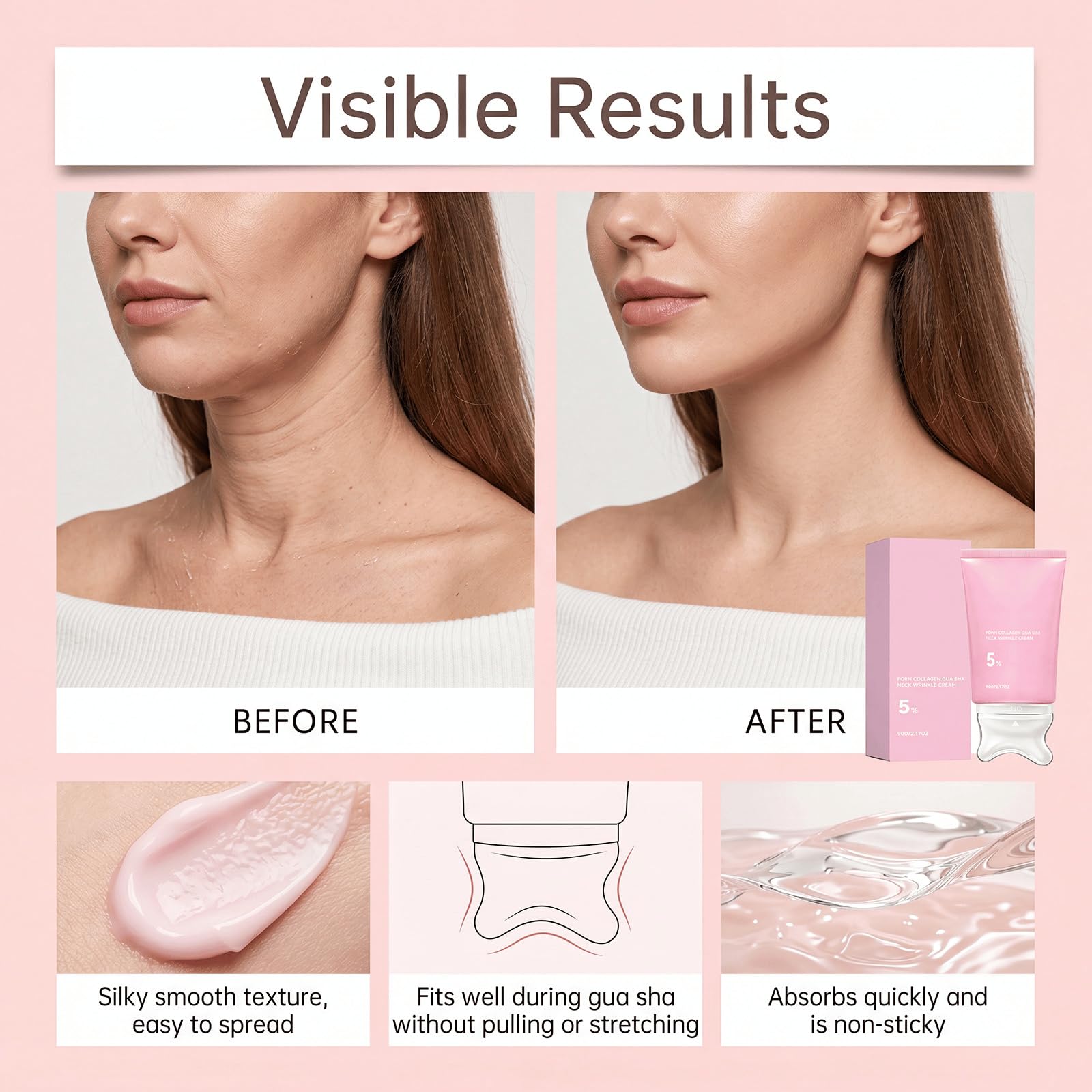 PDRN Collagen Gua Sha Neck Wrinkle Cream z Masażerem, Krem do Szyi Anti Aging Nawilżający i Ujędrniający, Neck Care Treatment na Linię Żuchwy i Dekolt, Korean Skincare