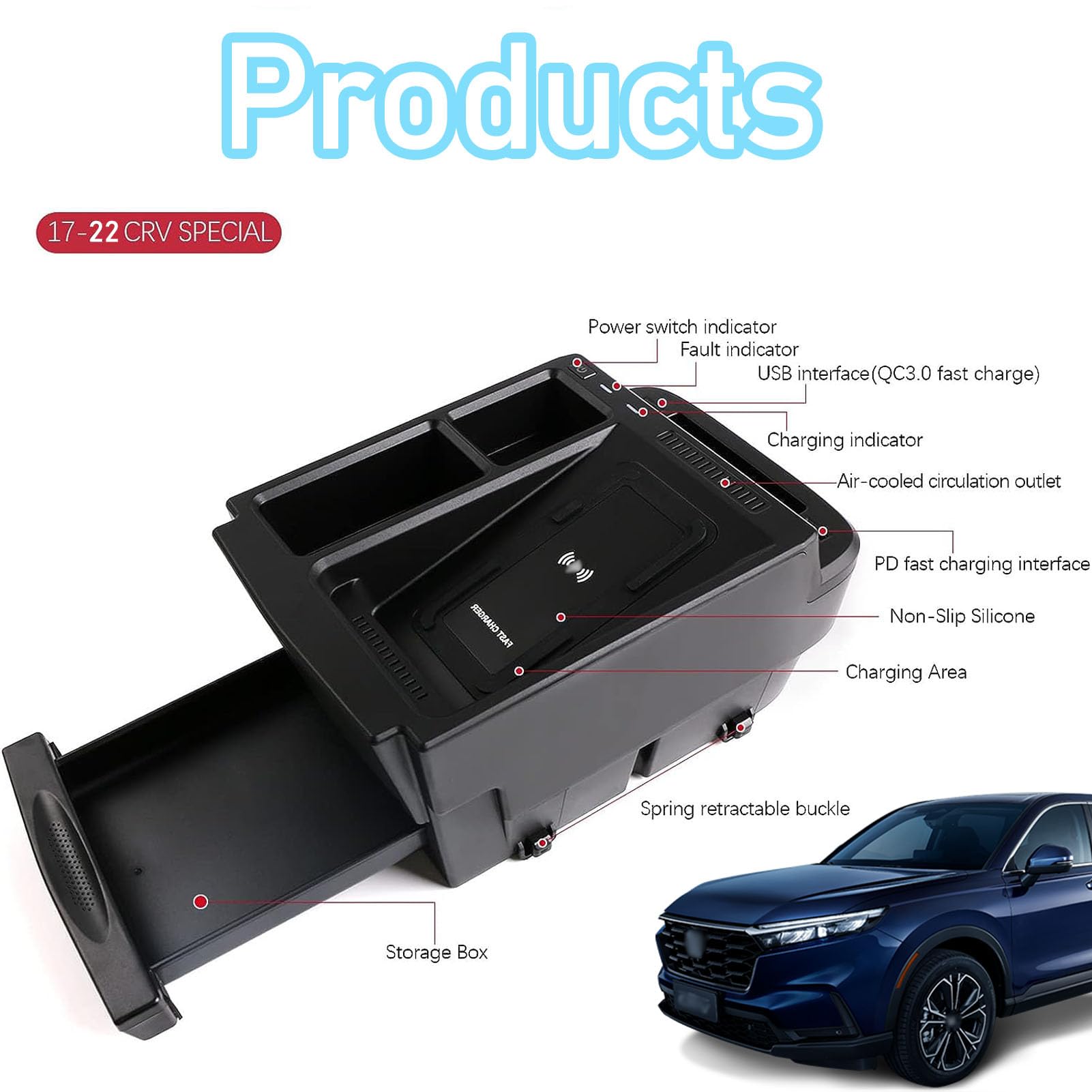 Caricabatterie Wireless per Auto per Tutti i Modelli CR-V, Accessorio con Ricarica Wireless da 15 W e Organizer Multifunzionale per Console Centrale, Regalo per la Famiglia