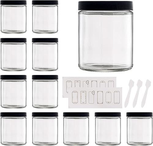 Homerove Tarros de vidrio redondos transparentes de 8 onzas con tapas negras recipientes de cosméticos vacíos para productos de belleza juego de 12