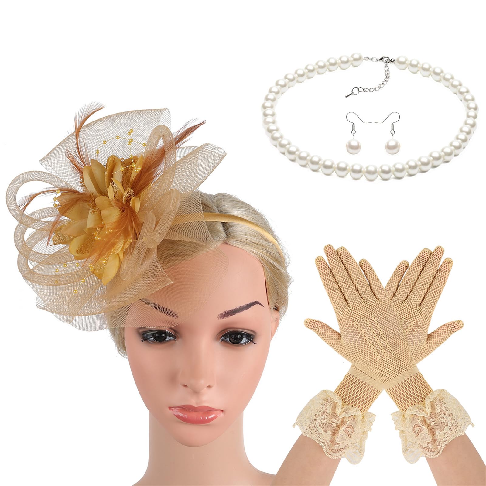 MICFENY French Hat with Neckwear Gloves Earrings 4in1 Set For Horse Racing Event and Halloween Party Dressingup Headpiece