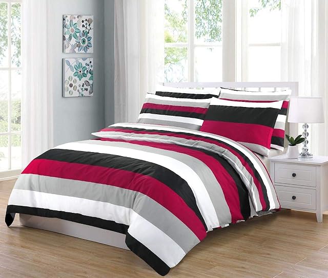 Print Duvet Cover 3 Piece, 100% Cotton Percale 200 Thread Count Fully Reversible Stripe Quilt Covers White | Red | Black | Bedding Sets Double King Super King Size (King)