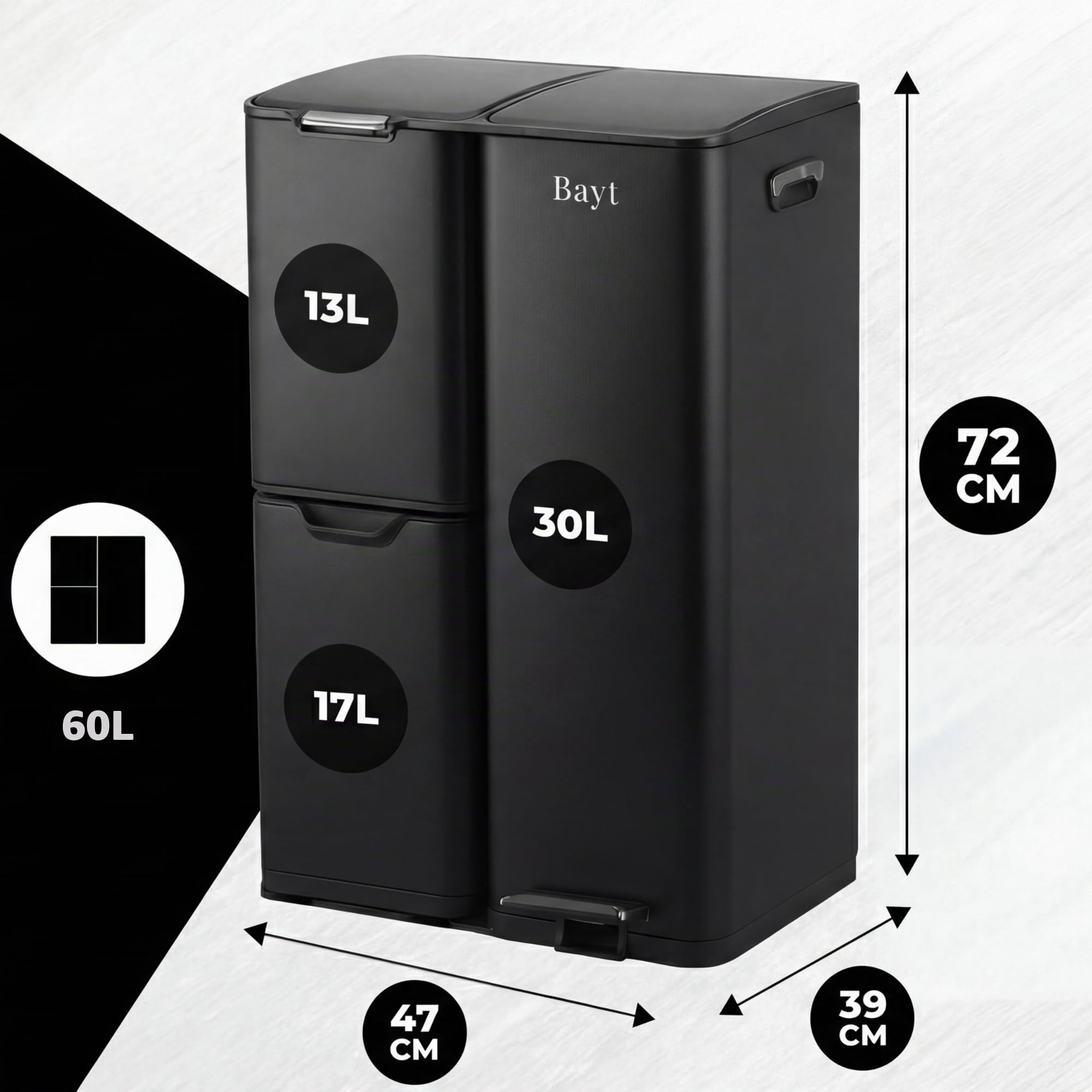 Bayt Cubo Basura - Cubo de Basura Cocina con 3 compartimentos (13+17+30L), Papelera con Separación Inteligente de Residuos, Acero Inoxidable, Total 60 Litros, Negro