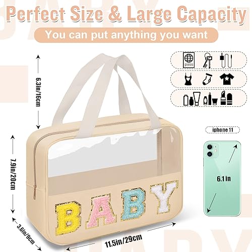 Miniatura 2 de izuzta Bolsas de maquillaje transparentes con letras de chenilla, bolsa de maquillaje preppy con asa, BEBÉ-Beige, Moda