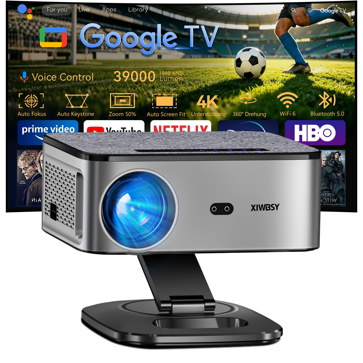 Smart Beamer Google TV 38000 Lume 4K Unterstützt Heimkino Projektor | 1800 ANSI Helligkeit, Full HD 1080P, Autofokus/Trapezkorrektur, 100-50 % Zoom, Sprachassistent, WiFi 6,Bluetooth 5 Integriert