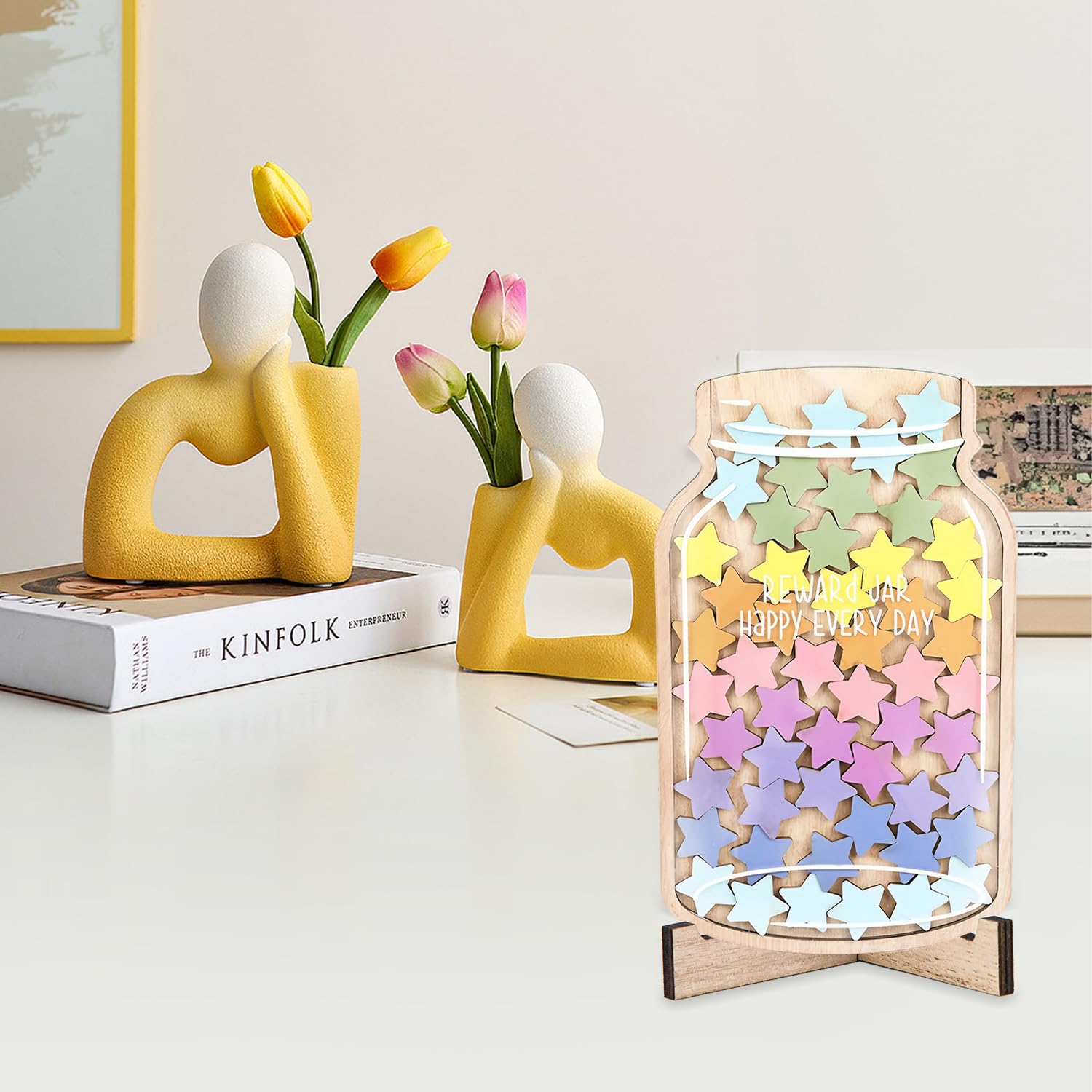 Barattolo Delle Ricompense Floreale In Legno Per Bambini - 45 Gettoni Colorati E Supporto, Tabella Motivazionale Per Comportamento, Vasino E Scuola