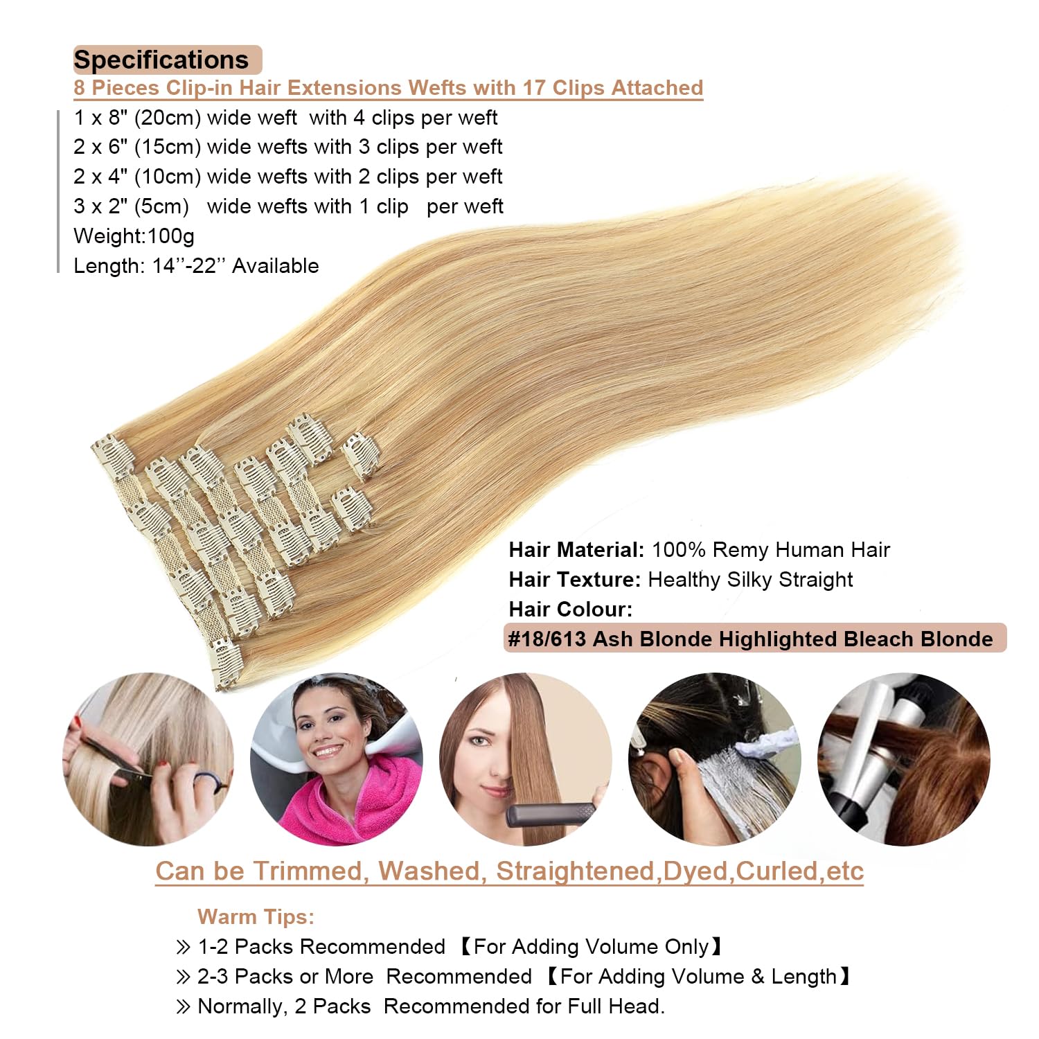 Silky Straight 16 Inch Clip In Hair Extensions 100g 2 Pack Human Hair Kinky Straight Clip in Hair Extensions Real Human Hair 14-28  main image 2