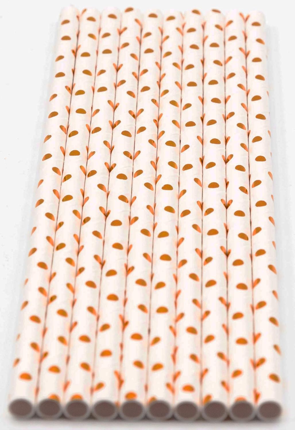 Pack of 900 Rose Gold Polka Dot Foil Biodegradable 4-Ply Paper Drinking Straws (Compostable, Non-toxic, BPA-free)