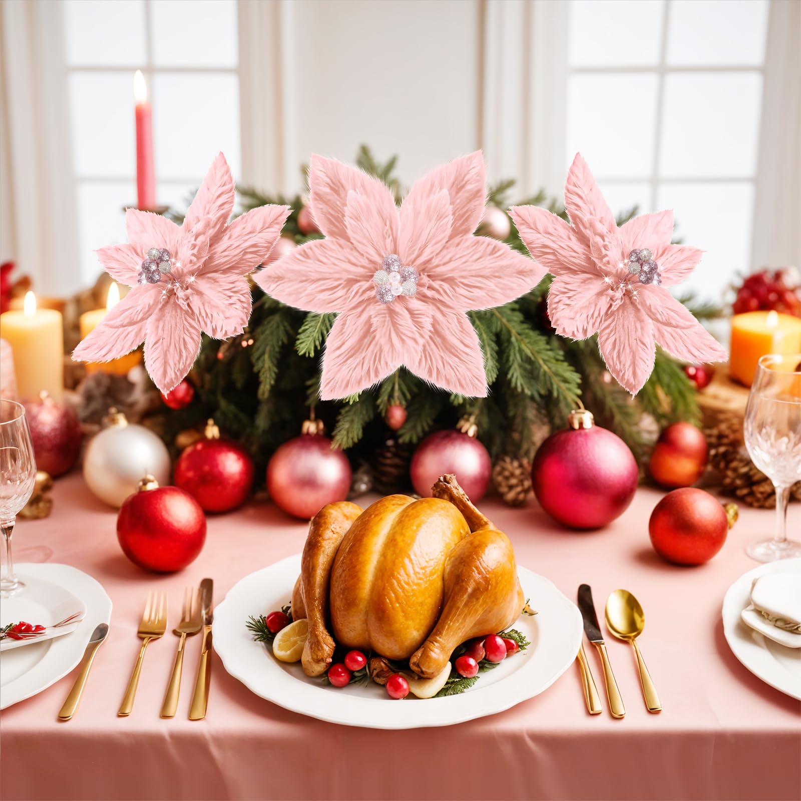 6 púas de árbol de Navidad artificiales de terciopelo rosa, flores de Pascua de Navidad, tallo de Navidad, flores de Pascua de felpa con clips y patrón de búfalo de bayas, adorno para decoración de