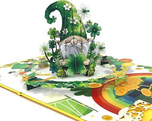 Tarjetas desplegables del día de San Patricio con diseño de gnomos caprichosos y tréboles verdes - Tarjetas del día de San Patricio para una