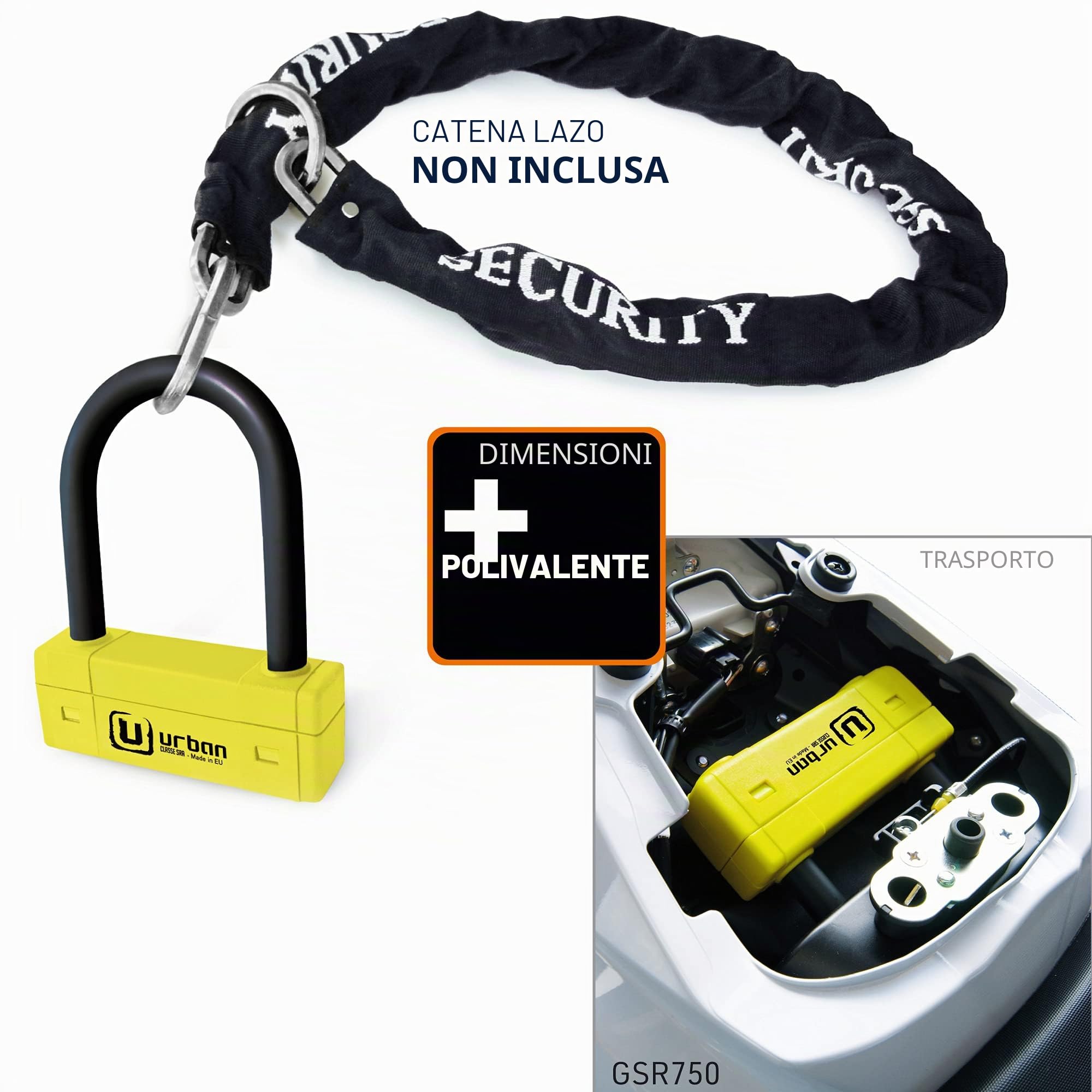URBAN UR85120Y Lucchetto a U per Alta Sicurezza Omologato SRA, Arco ø18 in Acciaio Cementato, Doppio Blocco Antigraffio, Guscio Visibile e Accattivante, U Lock Antifurto 85x120mm per Moto e Scooter