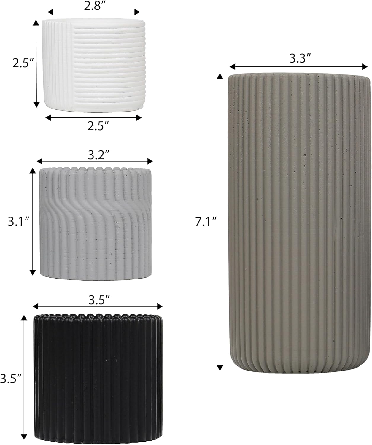 JONATHAN Y Noa Modern Minimalist Handmade Concrete Fluted Cylinder Planter Set, Matte Monochrome Neutral (Set of 4) (PLN1004A-4SET)