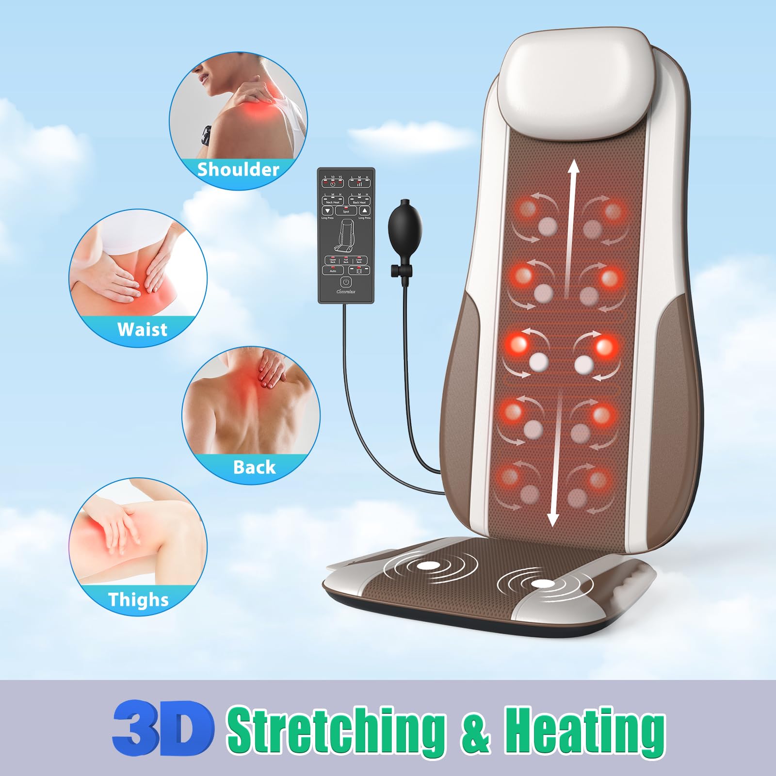 Shiatsu - Masajeador de espalda con calor, cojín de asiento para silla de masaje para alivio del estrés, amasamiento y rodillo de tejido profundo, 2 motores de vibración, masajeador de cadera y