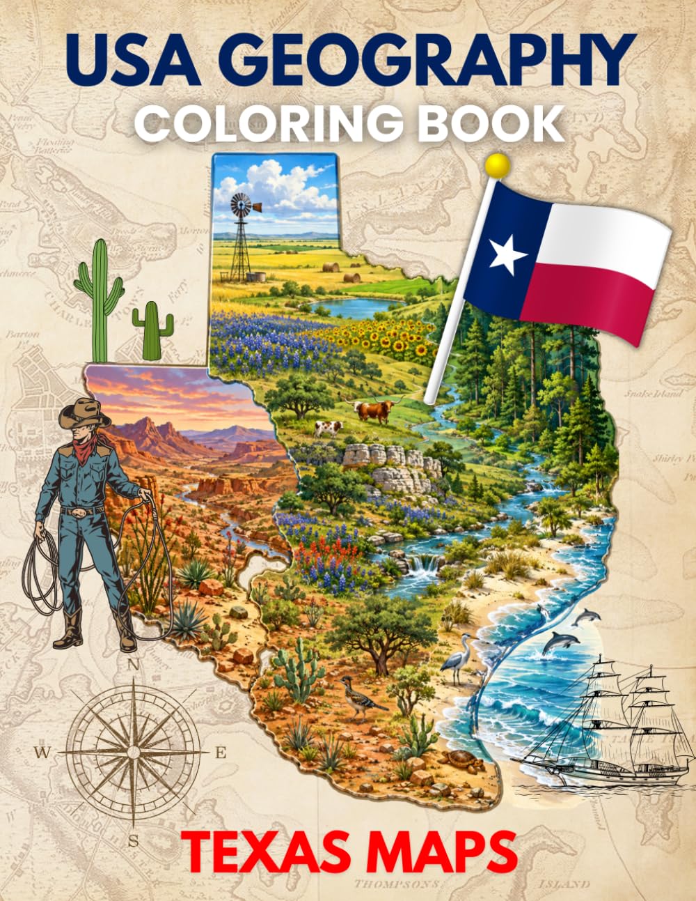 USA GEOGRAPHY COLORING BOOK TEXAS MAPS: Educational Texas Map Coloring Pages with Counties, Landmarks, Rivers, Regions, and State Geography