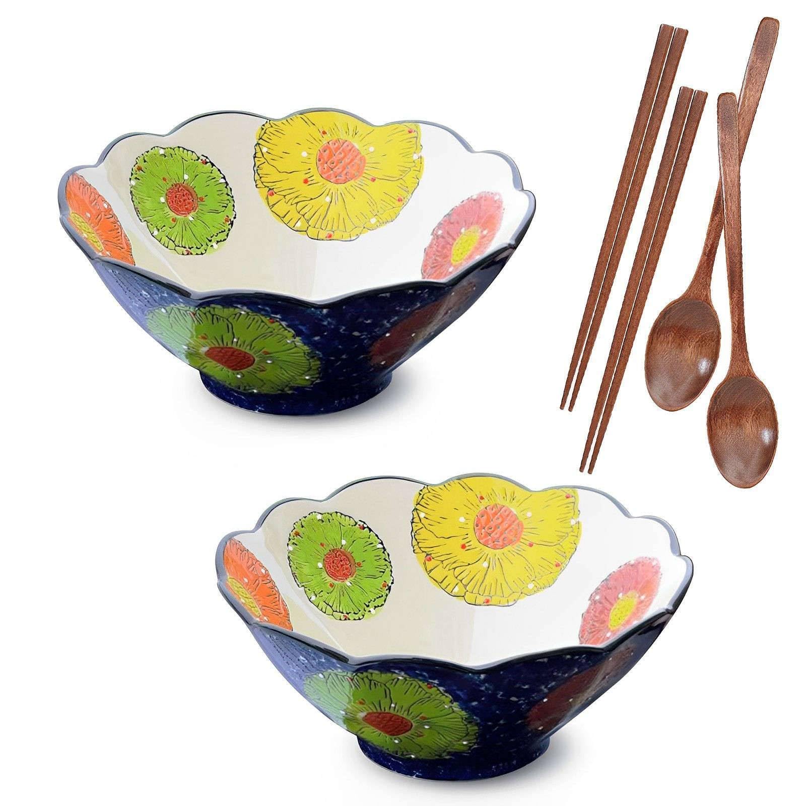 Ramen-Schüssel, Keramik-Instant-Nudelschüssel, Ramen-Schüssel 2er-Set, Keramik-Ramen-Schüssel, große Suppenschüsseln-Blau und Blumen-8 Zoll(Blue)