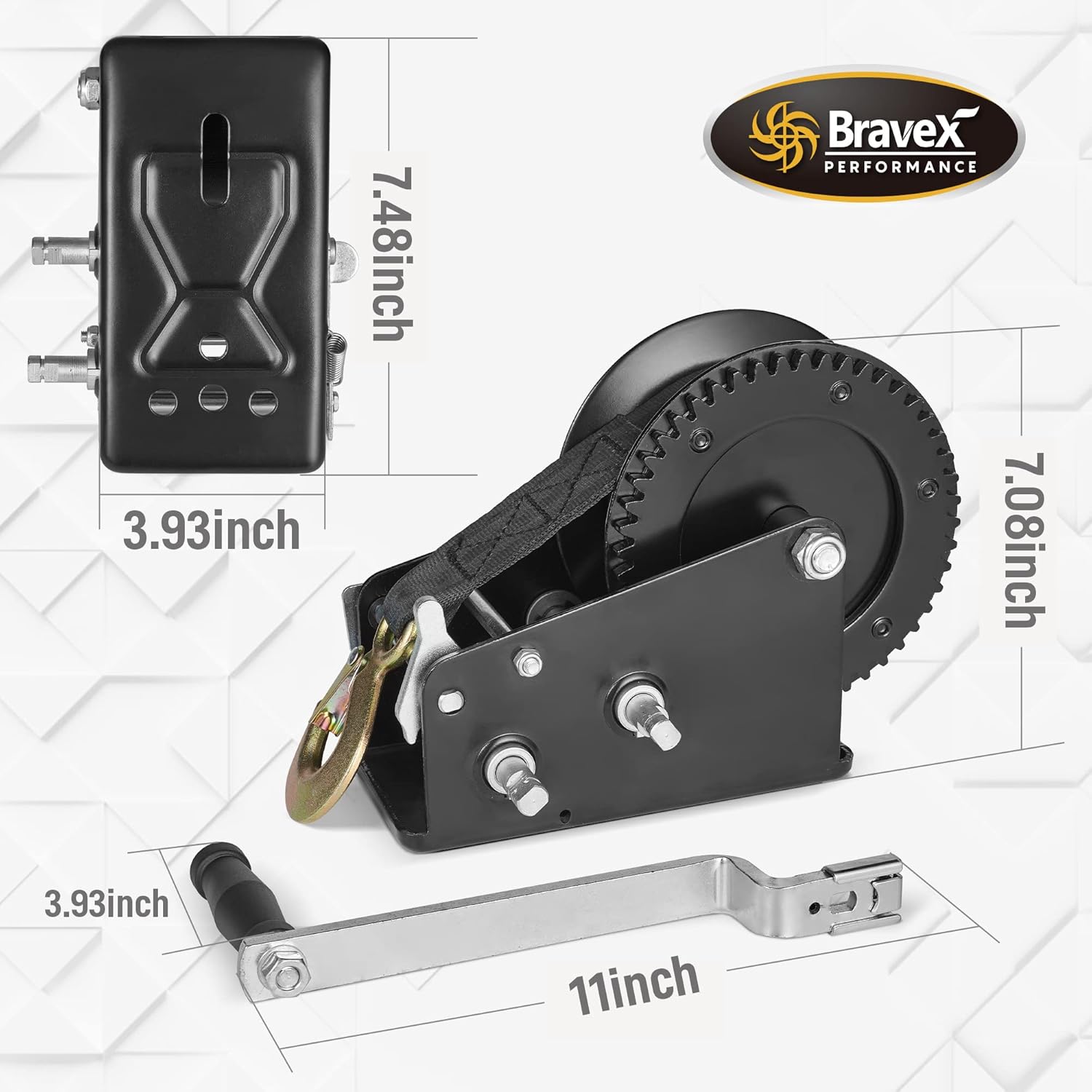 Bravex Boat Trailer Winch 3500lbs with 33ft Strap, Heavy Duty Hook Portable Hand Winch, Two Way Ratchet Manual Winch for SUV ATV UTV for 4:1/8:1 Gear Crank Winch (3500lb with Cable Black Winch)