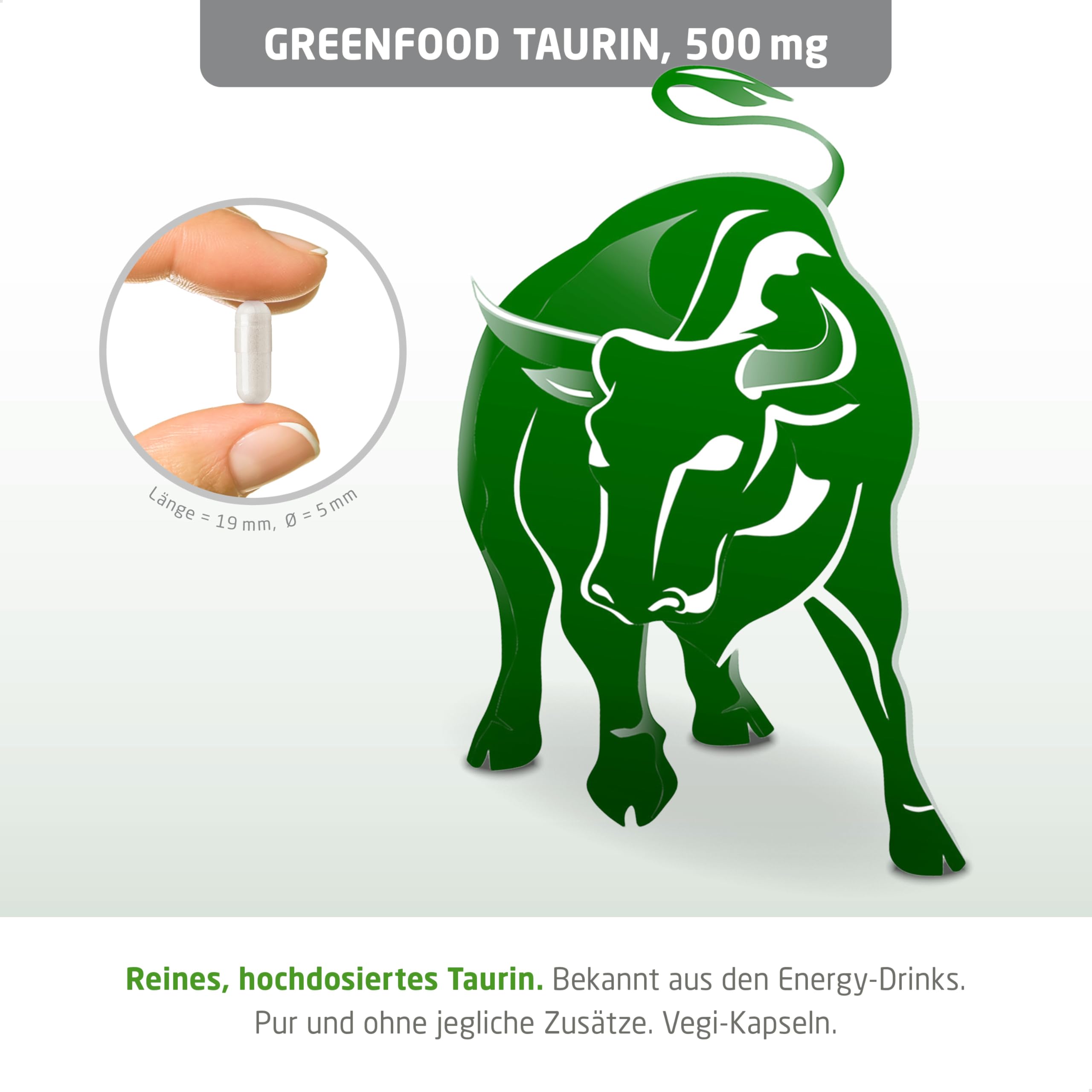 Taurin, hochdosiert, 500mg - 120 Kapseln, vegan. Taurin – bekannt aus Energy-Drinks. OHNE künstliche Zusätze - laborgeprüft. Von Greenfood.