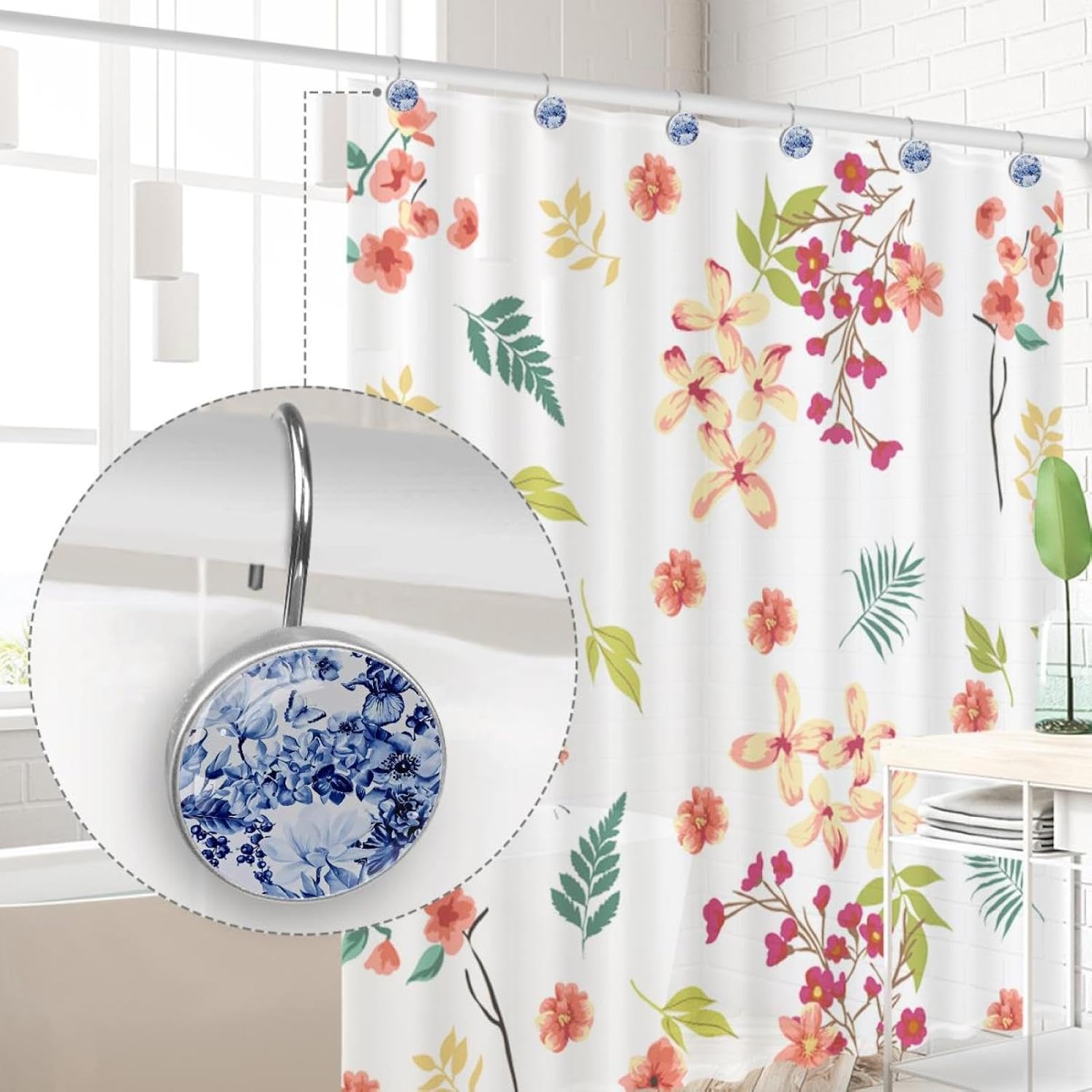 Blue and White Floral Decorative Shower Curtain Hooks Rings Set of 12 Hooks for Shower Curtain Rustproof Curtain Rings for Bathroom