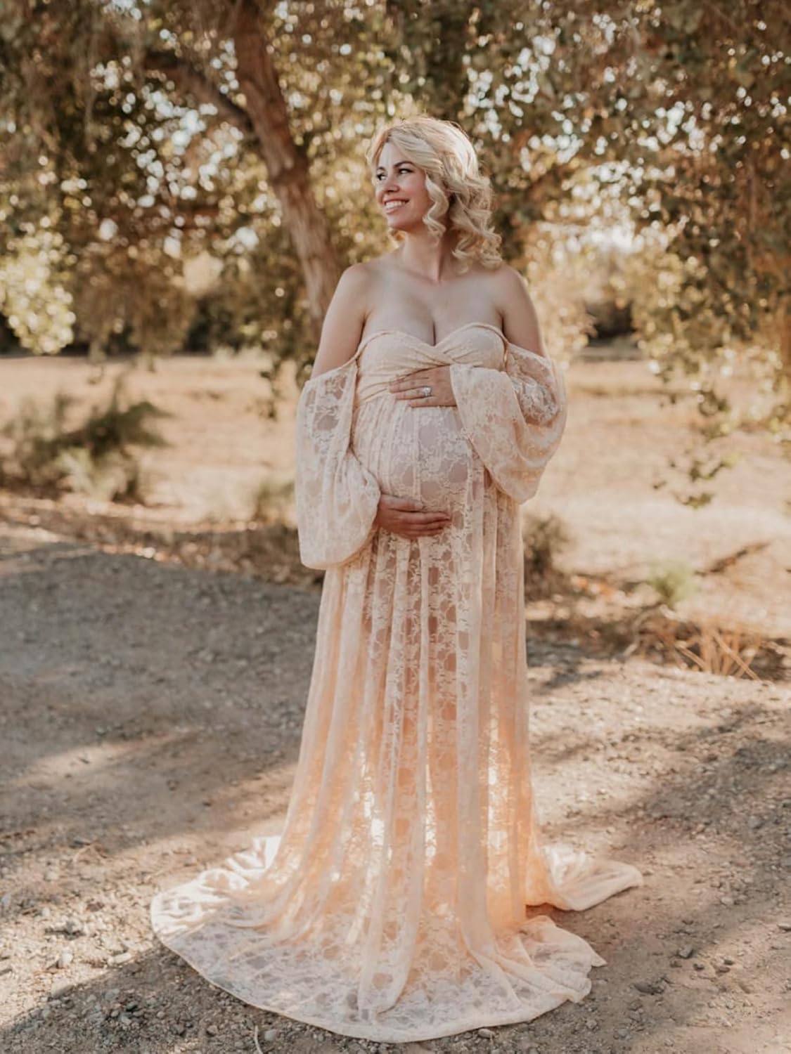 Saslax Soft Stretchy Lace Off Shoulder Doubly Split A-line Skirt Maternity Dress Pregnancy Maxi Gown for Photoshoot - Image 7