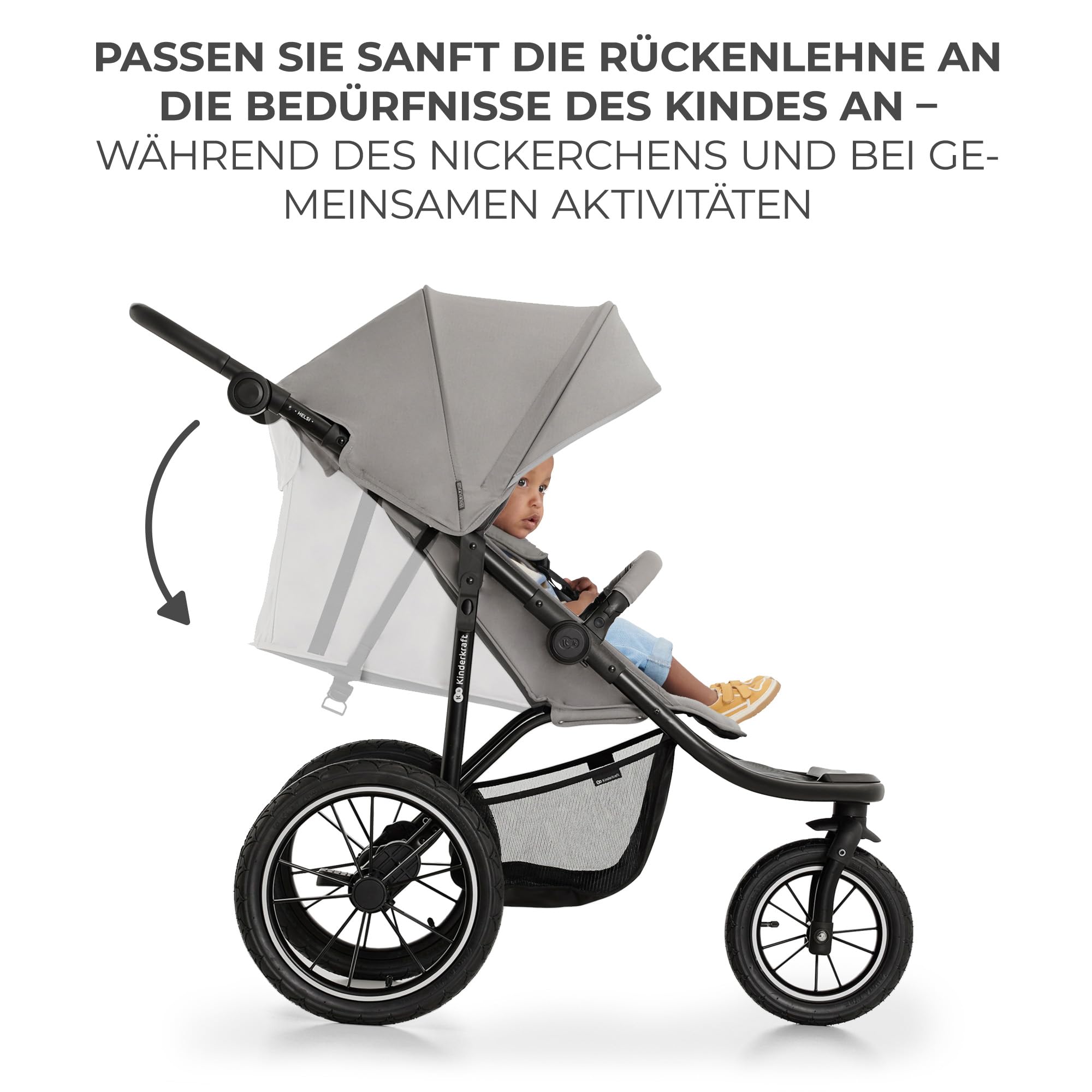 Kinderkraft HELSI 2 Buggy bis 27 kg, ab Geburt, große Luftreifen, Liegefunktion, verstellbarer Griff, zusammenklappbar, Untersitzkorb, Grau