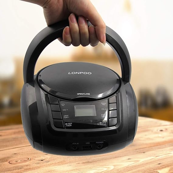 LONPOO Portable CD Player Boombox, FM Radio, Bluetooth, USB AUX, Black