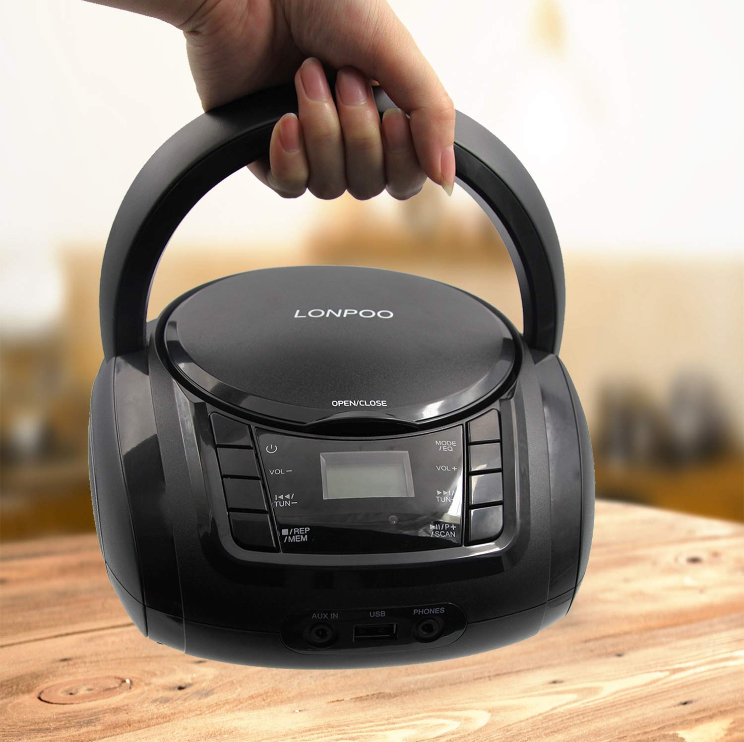 Lettore CD Portatile LONPOO Boombox Stereo Bluetooth con Altoparlanti Integrati, Ingresso USB, AUX, Uscita Cuffie (Black)