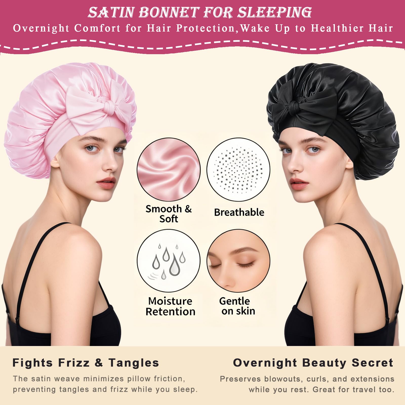 Loomify 2 Pezzi Cuffia Seta Capelli Notte, Bonnets Seta per Capelli Ricci, Cuffia Capelli Ricci Notte per Dormire, Cuffie di Seta con Laccetti per Donna Ragazza (Nero/Rosa)