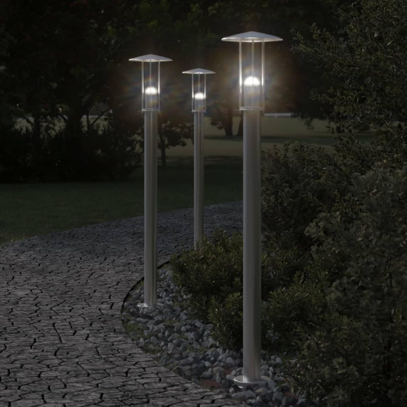 LAPOOH Lampade da Terra per Esterni 3 pz Argento 100cm in Acciaio Inox,Lampade da Terra,Lampade da Terra Esterni,Lampade da Terra Esterno Giardino-4006352