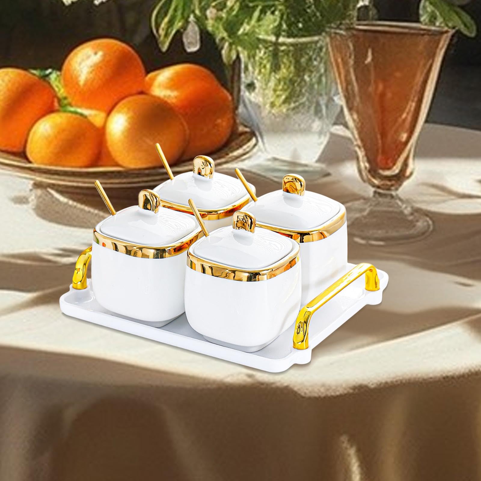 Récipient en Porcelaine pour Condiments, boîte à épices avec cuillère pour comptoir, 4 Pots d'or