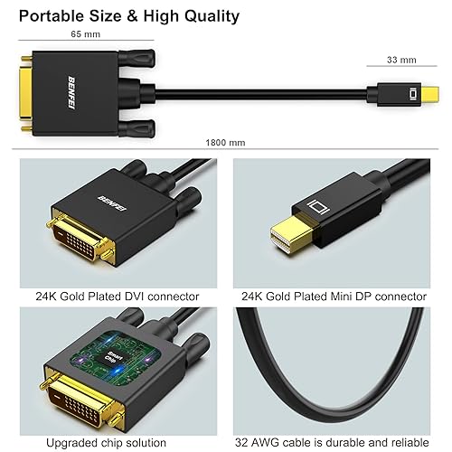 Miniatura 9 de BENFEI Cable Mini DisplayPort a DVI, cable de Mini DisplayPort a DVI de 10 pies (compatible con Thunderbolt 2) con MacBook AirPro, Surface ProDock,