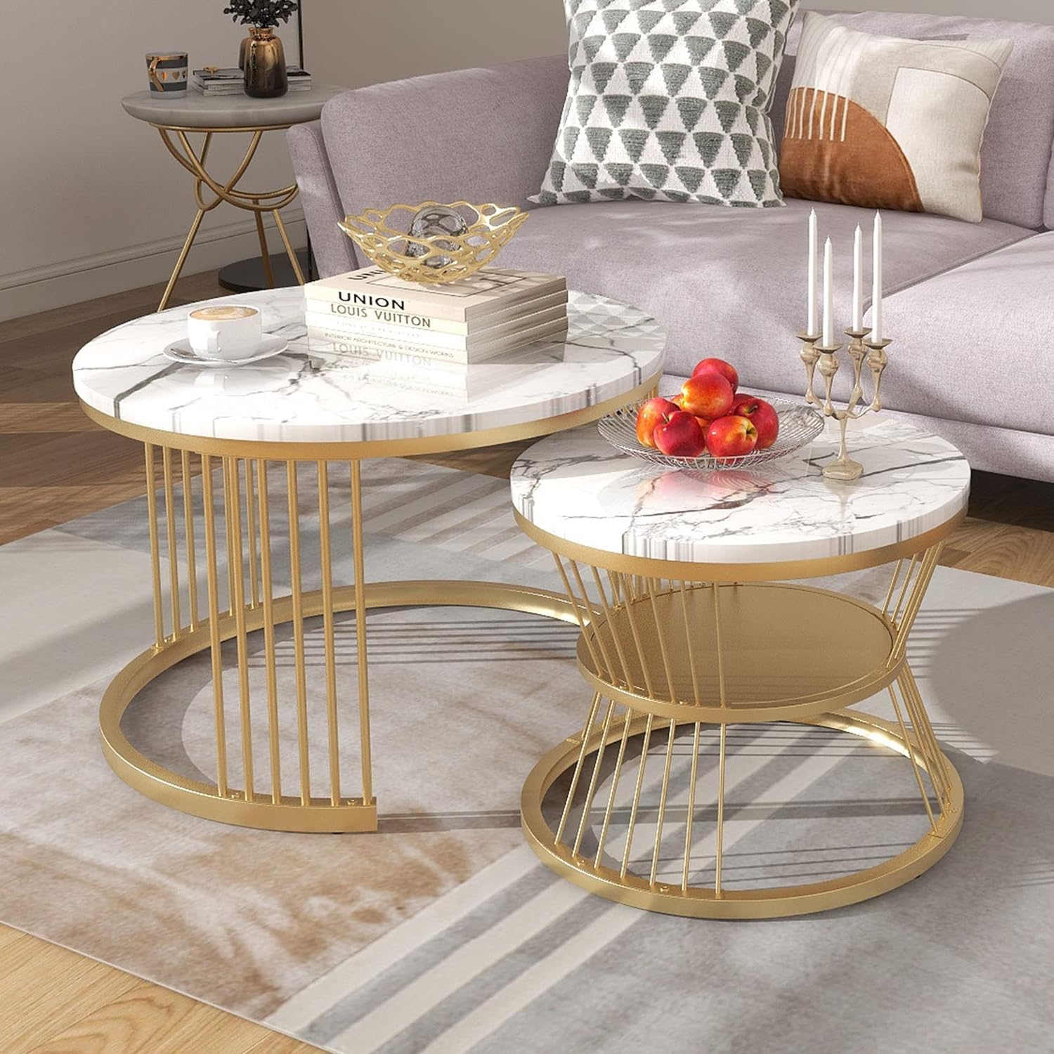 Dream Arts Iron Frame Marbled Laminated Round Coffee Table Set of 2 Stacking Center Tables for Living Room Bedroom or Apartments (Golden White)-image-29