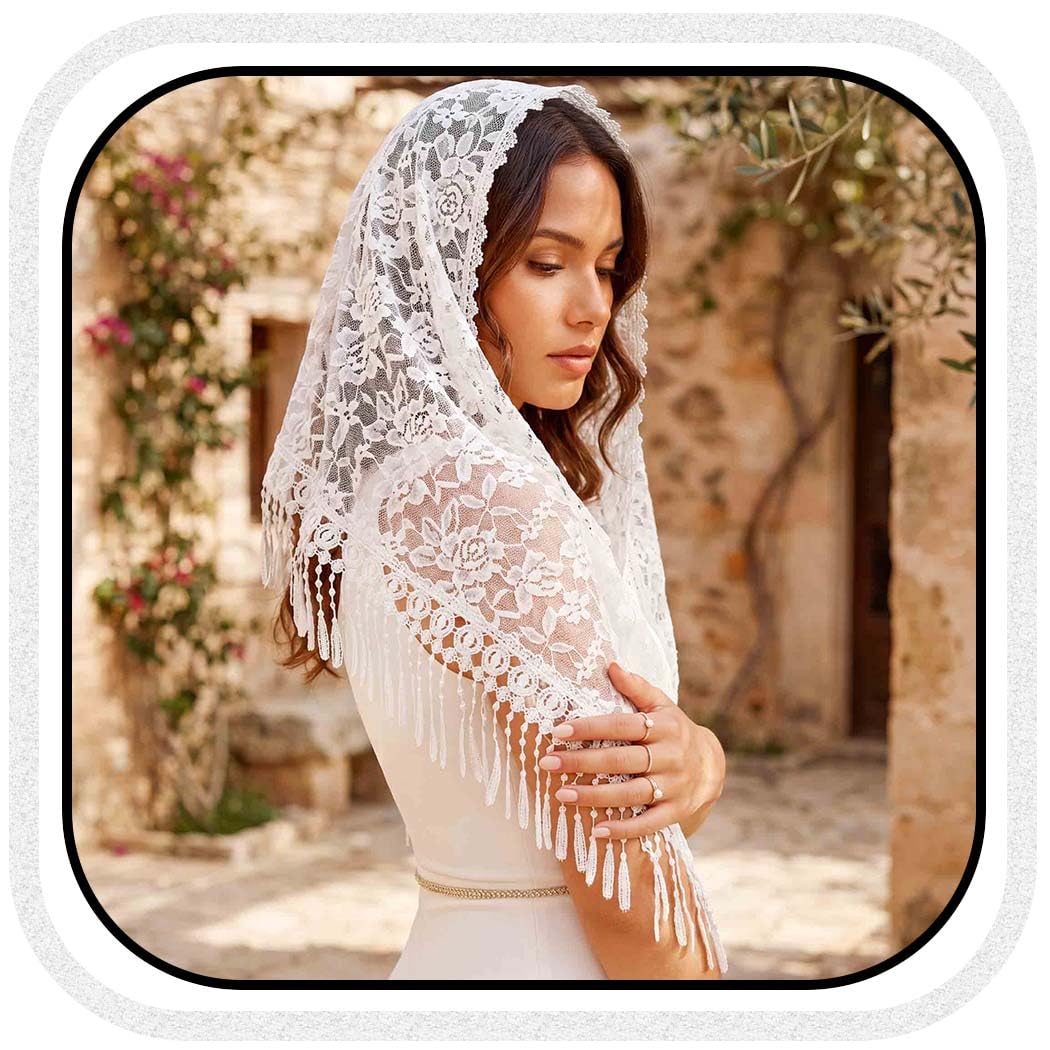 Unsutuo Triangle Mantilla Veil White Lace Chapel Veils with Comb Catholic Mass Head Covering Scarf for Brides and Women