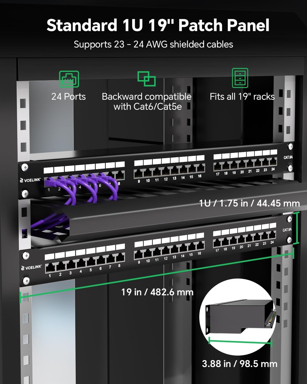 VCELINK Pannello Patch CAT6A 24 Porte Schermato Rack 19" 1U RJ45, 500MHz | Banda passante 500MHz conforme standard EIA/TIA 568A&B, trasmissione 10G stabile senza interferenze
