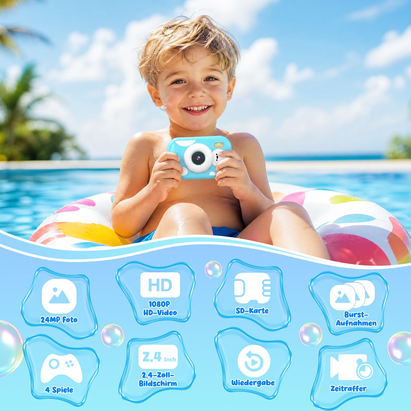 CHAKEYAKE Unterwasserkamera, IP67 10M/32.8FT Kinderkamera 1080P wasserdichte Digitalkamera mit 2.4" HD Bildschirm, 10X Digitalzoom, SD Karte, Geschenk für Jungen und Mädchen 3–12 Jahre, Blue
