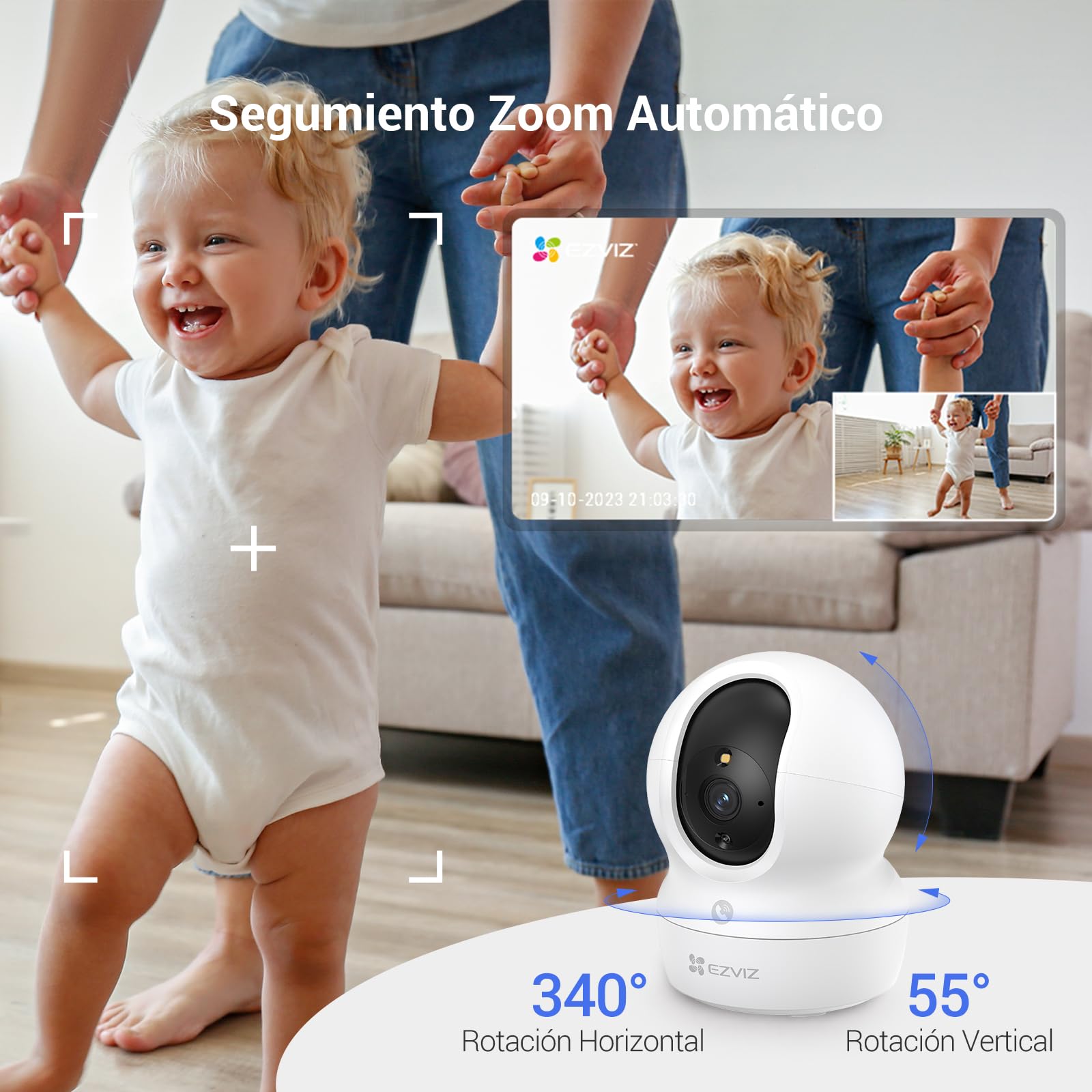EZVIZ 4K Cámara Vigilancia WiFi Interior 360°, Cámara IP 8MP AI Deteccion de Personas/Ruido, Vision Nocturna en Color, Seguimiento y Zoom Automático, Llamada Bidireccional, Soporta 512GB, CP1 Pro