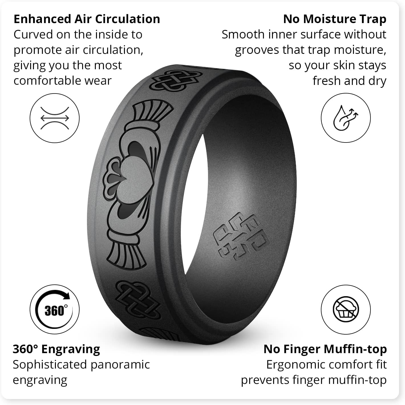 Knot Theory Silicone Ring for Men - Trinity, Claddagh, Celtic Engraving - 8mm Bandwidth Breathable Comfort Fit