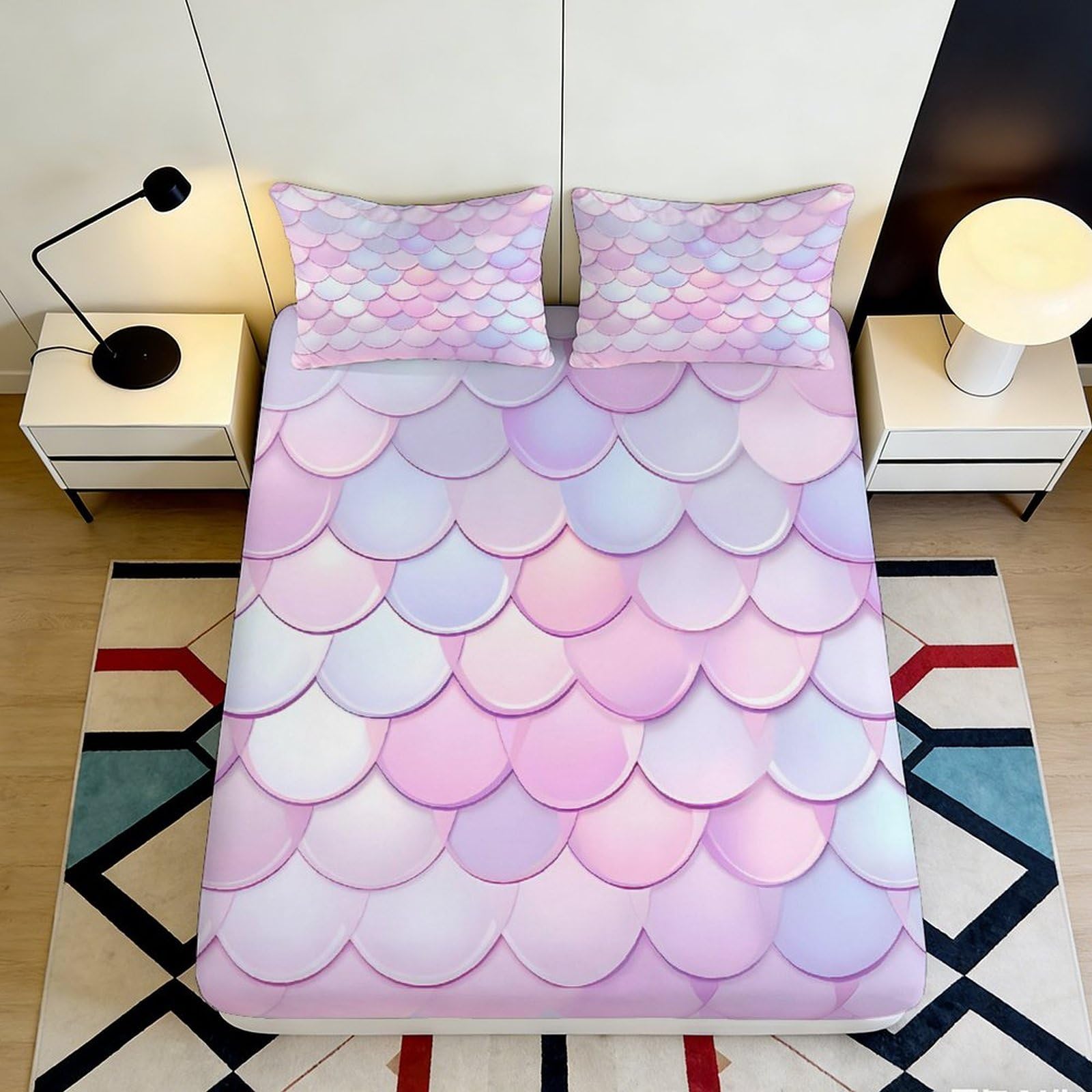 3D Printed Pastel Mermaid Scale Fitted Sheet Microfiber Soft Breathable Pink Purple Gradient Bed Cover for Bedroom Dormitory Guest Room Protection Decoration 140x200x25cm