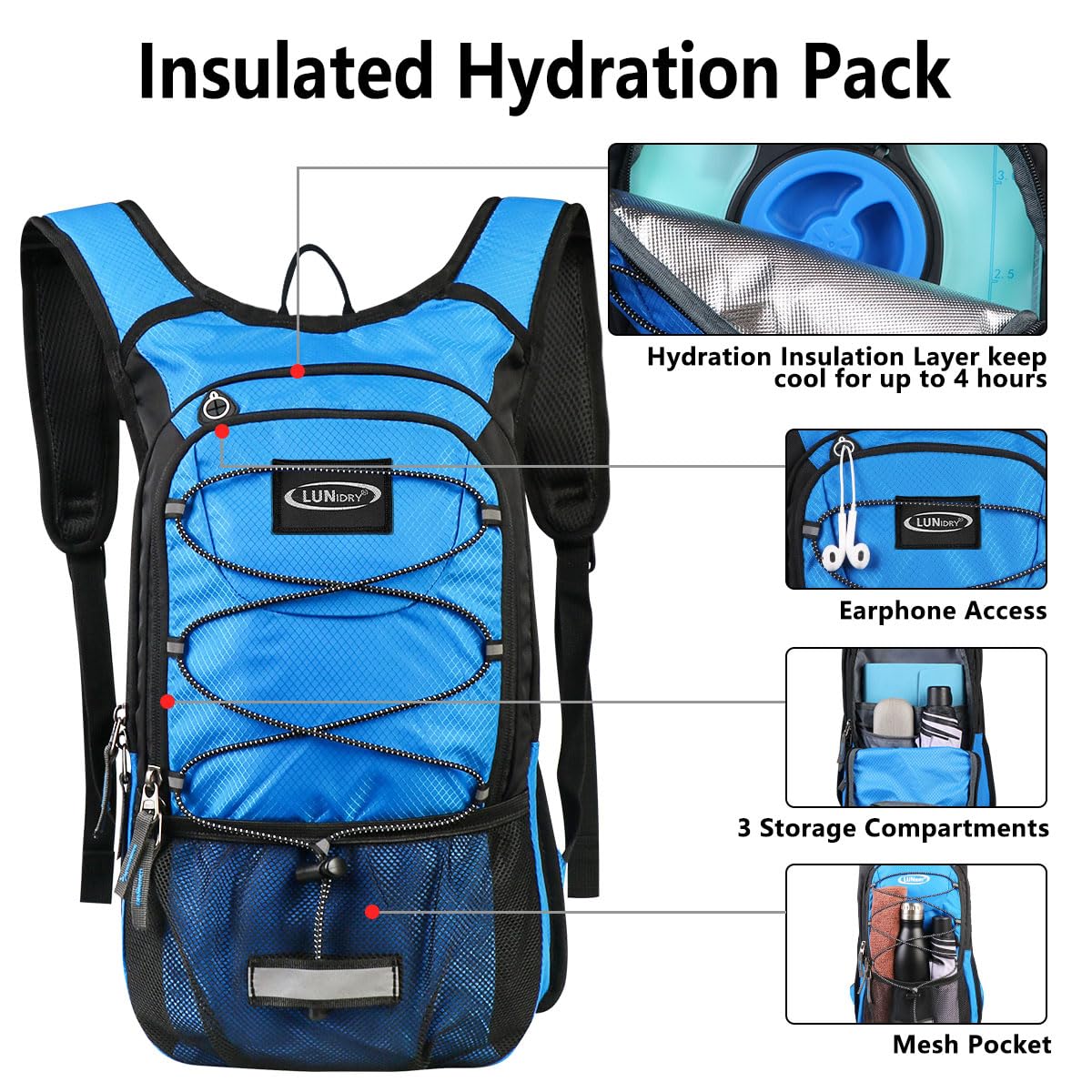Zaino per idratazione, 3 l, senza BPA, a prova di perdite, per mantenere i liquidi freschi fino a 5 ore, zaino per escursionismo, corsa, ciclismo, caccia, arrampicata