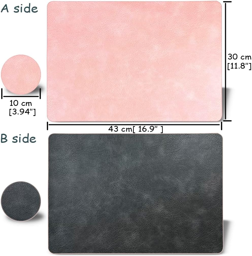 Placemats and Coaster Sets, Faux Leather Effect Place Mats for Table 6, Washable-Waterproof-Heat Resistant Dinner Table Mats, Dusty Placemats Set of 6, Dining Table Decoration Mats, Pale Pink & Grey
