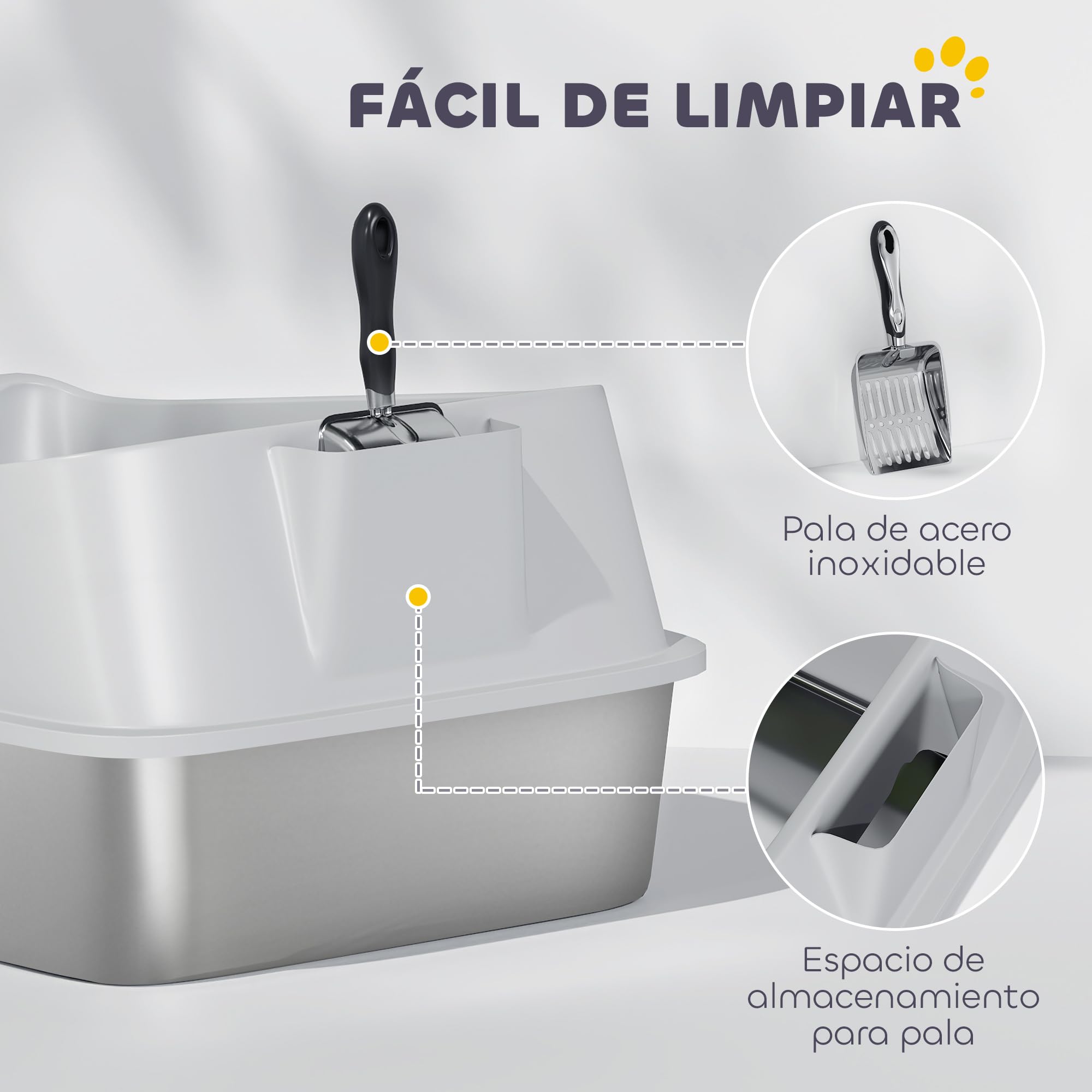 PawHut Arenero para Gatos de Acero Inoxidable XL, 60,2x40,2x29,7 cm, Gris | Caja de Arena para Gatos, Arenero con Borde Alto, Pala Metálica, Fácil de Limpiar, Prueba de Fugas