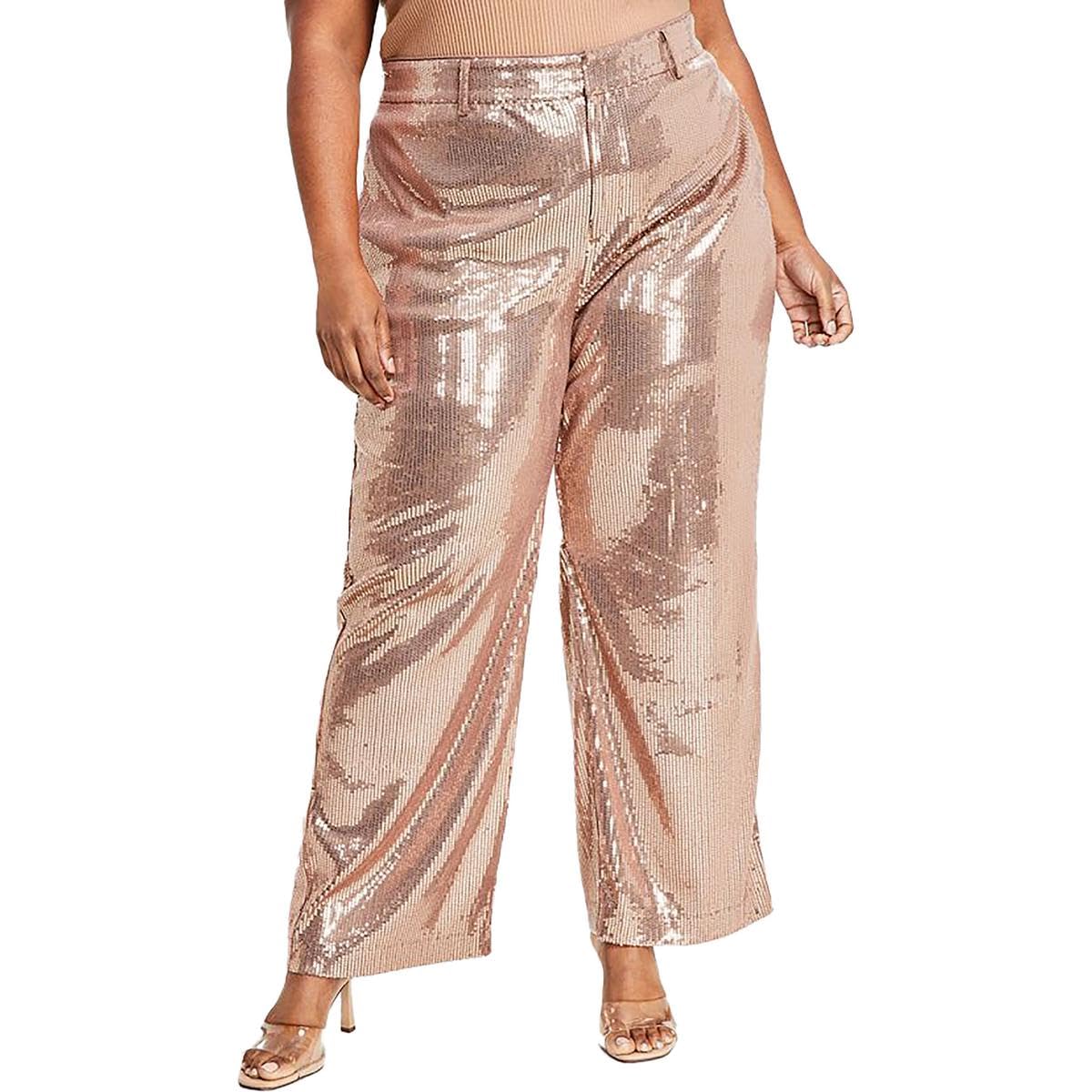 Nina Parker Womens Plus Sequined Party Wide Leg Pants Gold 16W