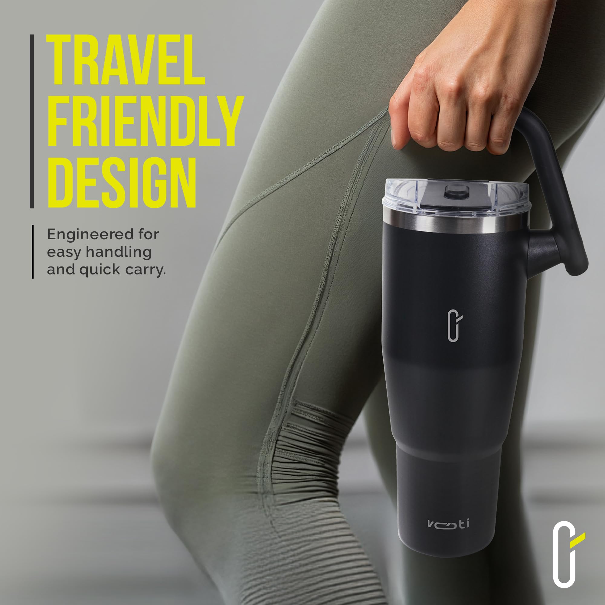 VOTI V180 40oz Insulated Tumbler with Lid and Straw, 180° Rotating Tumbler Handle for Easy Grip, Keeps Drinks Hot or Cold, BPA-Free Stainless Steel, Travel Mug & Water Bottle – Black