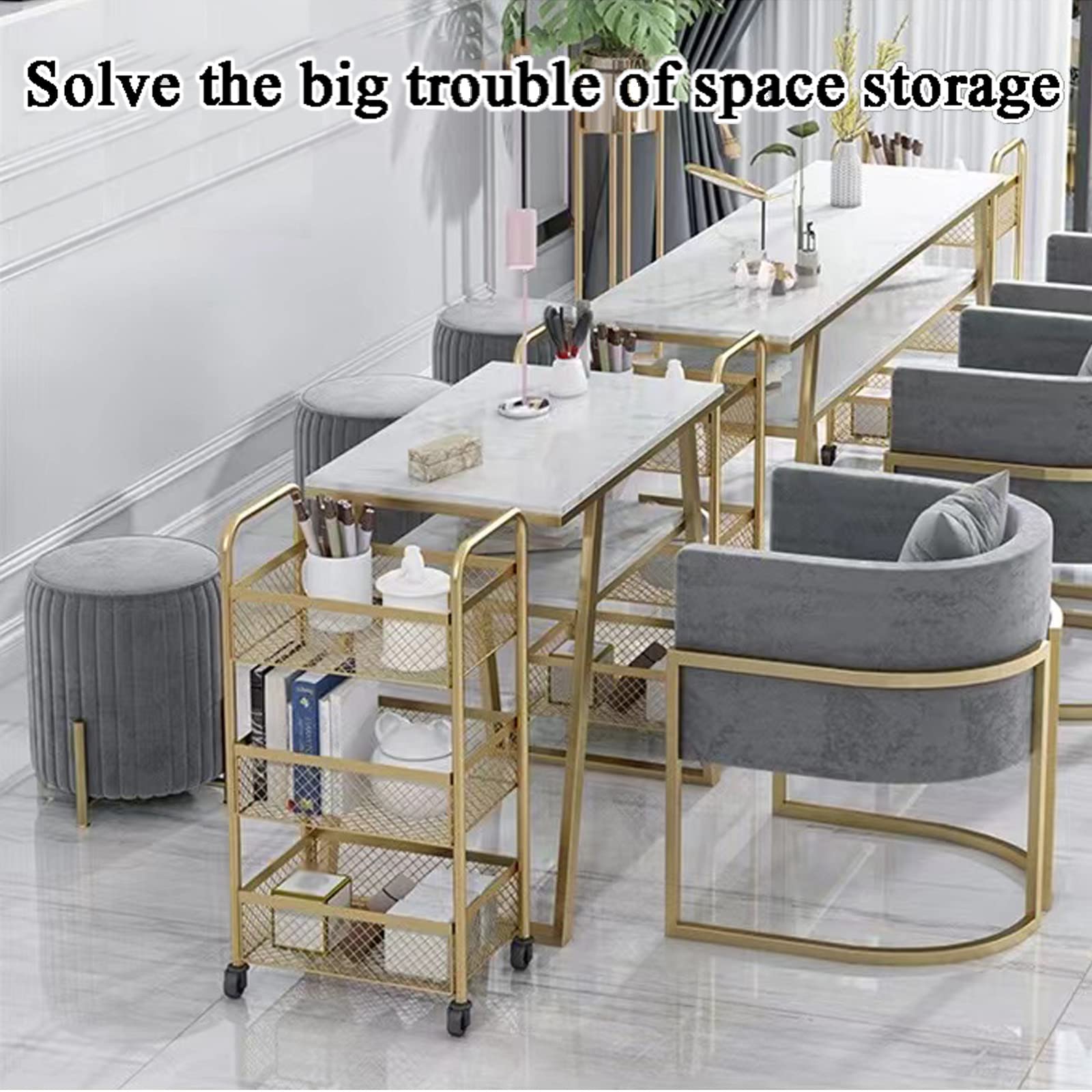 Genérico Carrito de salón con Ruedas de 3 Niveles, barandilla elevada, diseño de Drenaje Calado, Acero al Carbono, Hierro Forjado, Estante de Almacenamiento Multiusos, Acabado Plateado